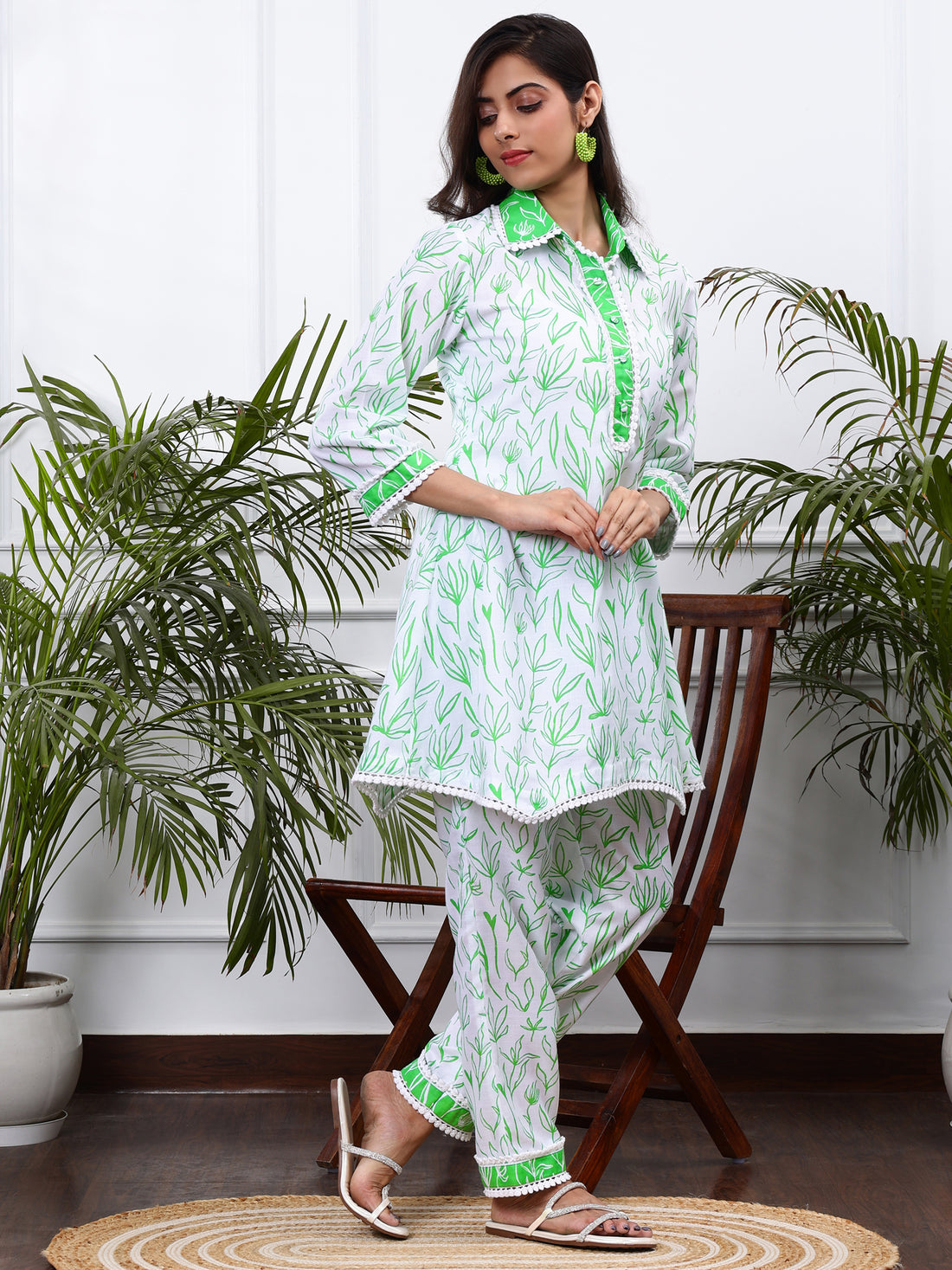 Linen Co-ords Set in White & Green Floral Print