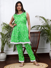 Linen Green Floral print Kurta Set