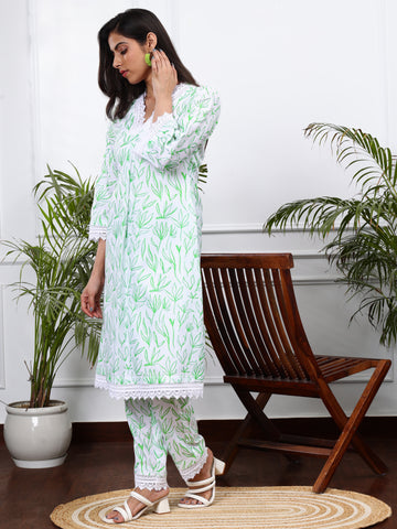 WHITE & GREEN FLORAL 2 PIECE KURTA SET