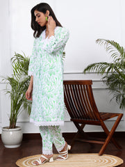 WHITE & GREEN FLORAL 2 PIECE LINEN KURTA SET