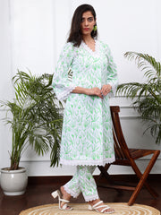 WHITE & GREEN FLORAL 2 PIECE LINEN KURTA SET