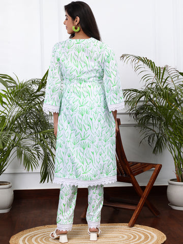 WHITE & GREEN FLORAL 2 PIECE KURTA SET