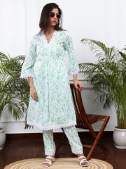 WHITE & GREEN FLORAL 2 PIECE LINEN KURTA SET