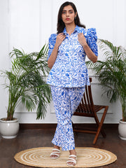 Linen White & Blue Floral Printed Co-ords  Set