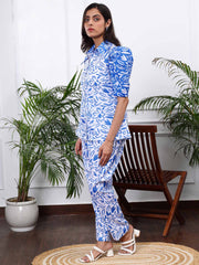 Linen White & Blue Floral Printed Co-ords  Set