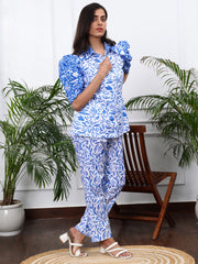 Linen White & Blue Floral Printed Co-ords  Set