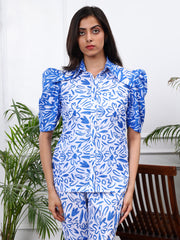 Linen White & Blue Floral Printed Co-ords  Set