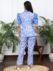 Linen White & Blue Floral Printed Co-ords  Set