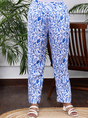 Linen White & Blue Floral Printed Co-ords  Set