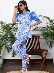 Linen White & Blue Floral Printed Co-ords  Set