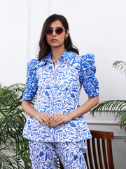 Linen White & Blue Floral Printed Co-ords  Set