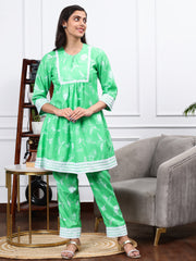 Cotton Linen Kurta Set Jade Green Bird Print