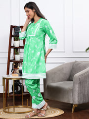 Cotton Linen Kurta Set Jade Green Bird Print