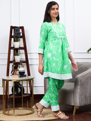 Cotton Linen Kurta Set Jade Green Bird Print