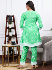 Cotton Linen Kurta Set Jade Green Bird Print