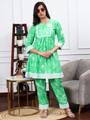 Cotton Linen Kurta Set Jade Green Bird Print