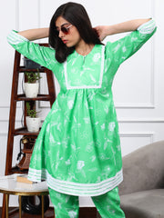 Cotton Linen Kurta Set Jade Green Bird Print