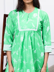 Cotton Linen Kurta Set Jade Green Bird Print