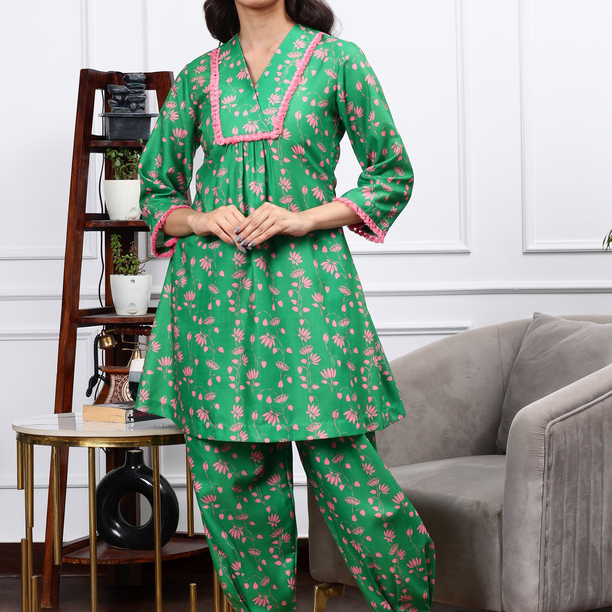 Linen Kurta Set in Sayyami Green Floral Print