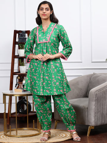 Linen Kurta Set in Sayyami Green Floral Print