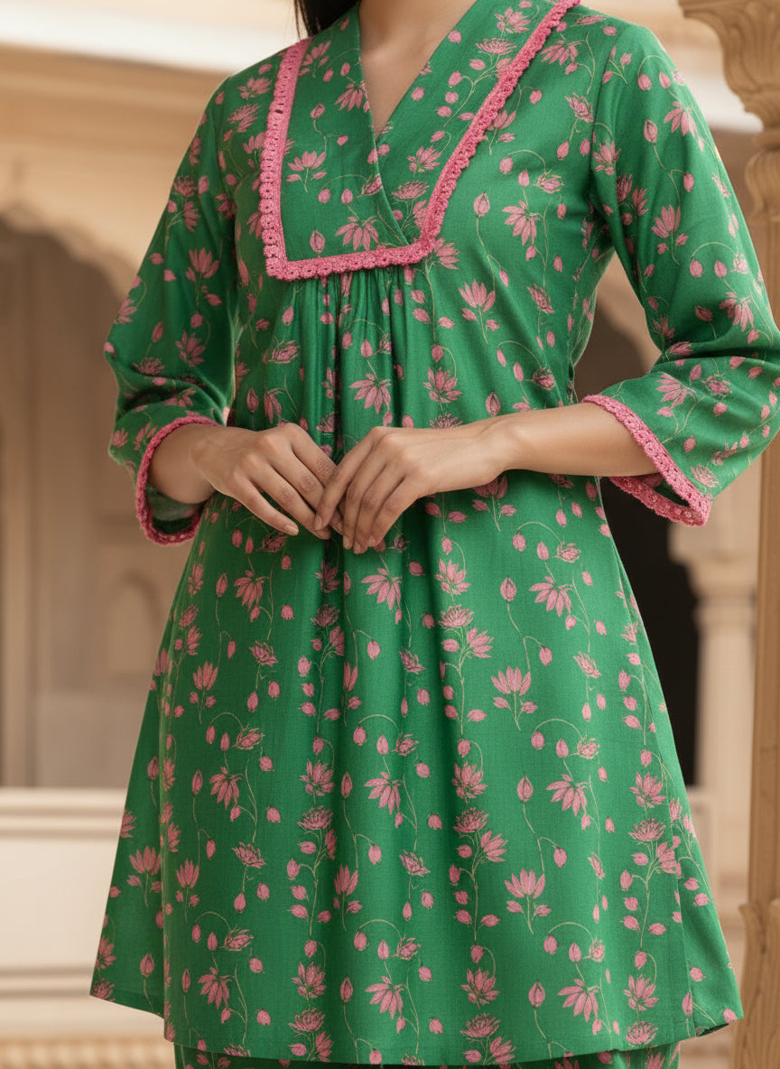 Linen Kurta Set in Sayyami Green Floral Print