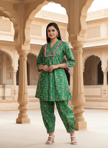 Linen Kurta Set in Sayyami Green Floral Print