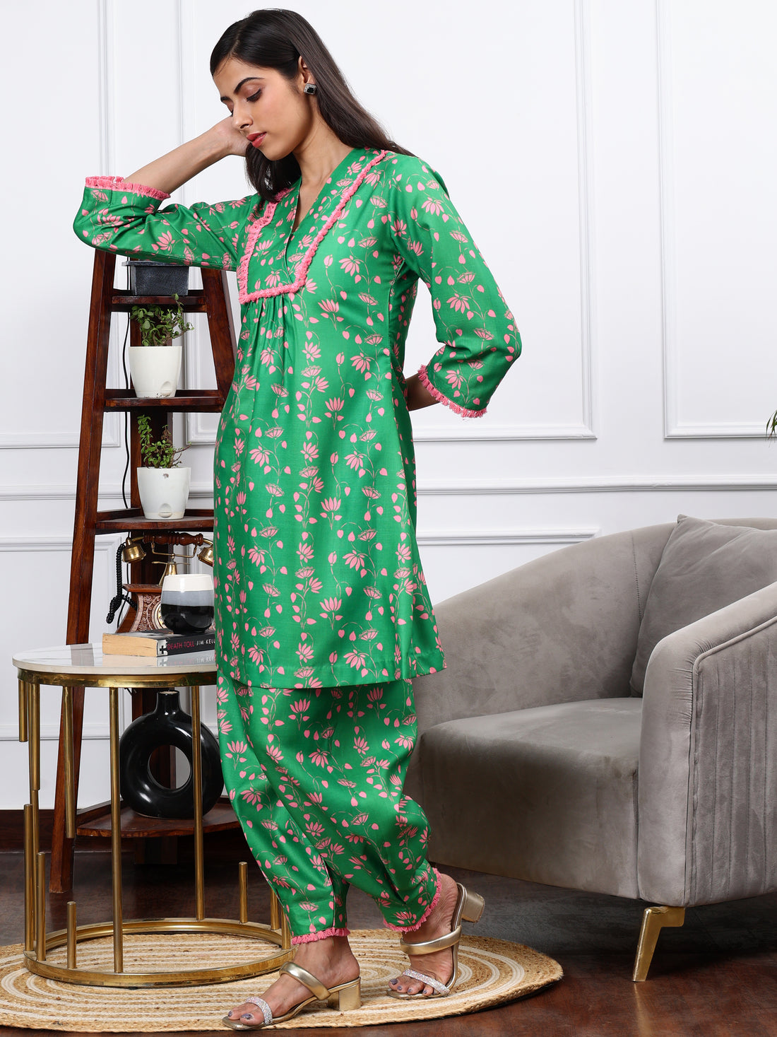 Linen Kurta Set in Sayyami Green Floral Print