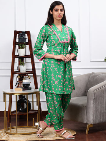 SAYYAMI GREEN FLORAL PRINT 2 PIECE KURTA SET