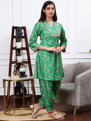 LINEN KURTA SET IN SAYYAMI GREEN FLORAL PRINT