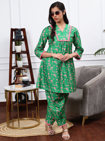 SAYYAMI GREEN FLORAL PRINT 2 PIECE KURTA SET