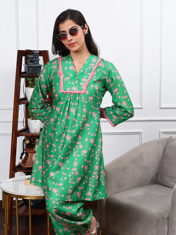 SAYYAMI GREEN FLORAL PRINT 2 PIECE KURTA SET