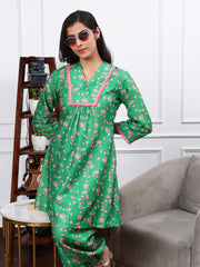 LINEN KURTA SET IN SAYYAMI GREEN FLORAL PRINT