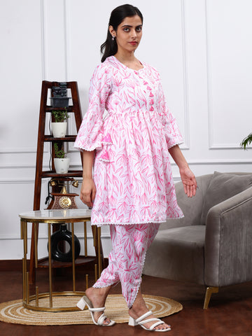 SOBHITA WHITE & PINK FLORAL PRINT 2 PIECE KURTA SET