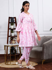 SOBHITA WHITE & PINK FLORAL PRINT 2 PIECE LINEN KURTA SET