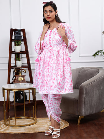 SOBHITA WHITE & PINK FLORAL PRINT 2 PIECE KURTA SET