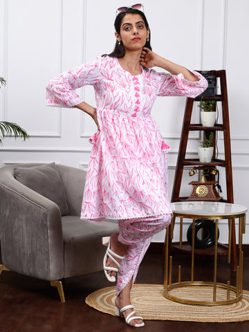 SOBHITA WHITE & PINK FLORAL PRINT 2 PIECE KURTA SET