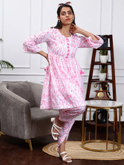 SOBHITA WHITE & PINK FLORAL PRINT 2 PIECE LINEN KURTA SET