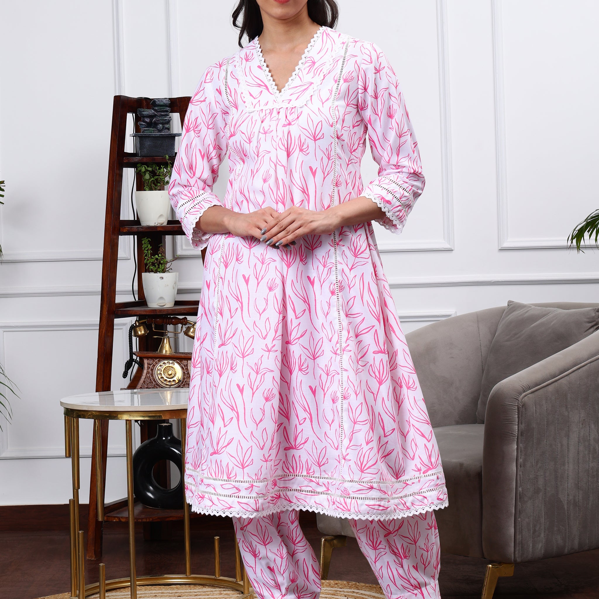 White & Pink Floral Print Linen Kurta Set
