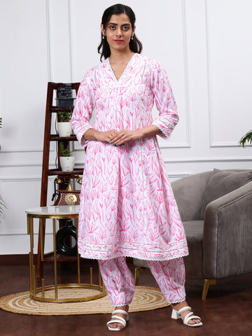 WHITE & PINK FLORAL 2 PIECE KURTA SET