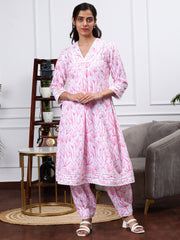 WHITE & PINK FLORAL 2 PIECE LINEN KURTA SET