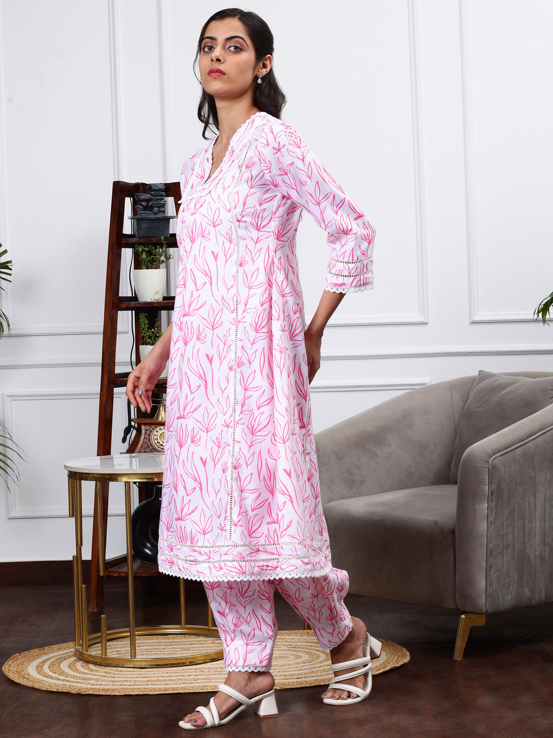 White & Pink Floral Print Linen Kurta Set