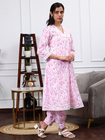 WHITE & PINK FLORAL 2 PIECE KURTA SET