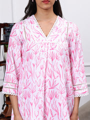 WHITE & PINK FLORAL 2 PIECE LINEN KURTA SET