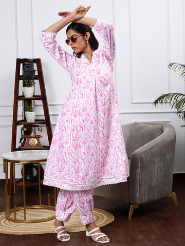 WHITE & PINK FLORAL 2 PIECE KURTA SET