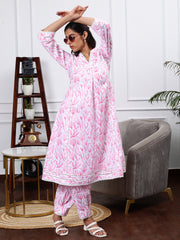 WHITE & PINK FLORAL 2 PIECE LINEN KURTA SET