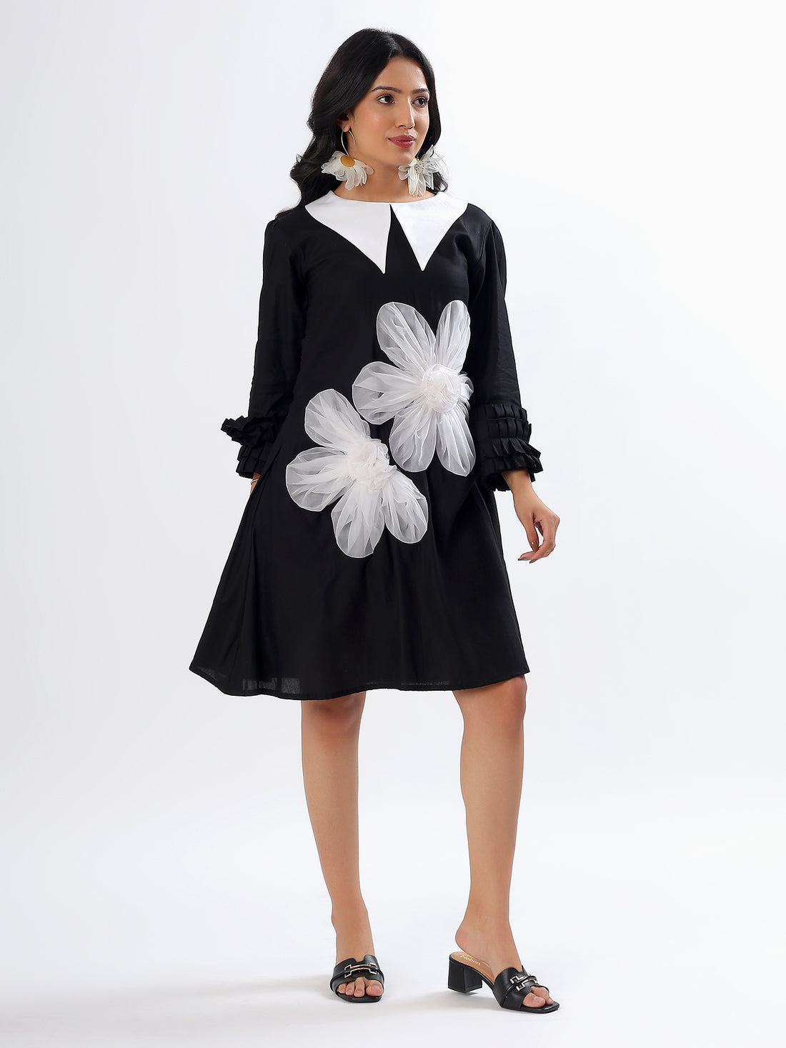 Black organza Flowers magic A-shape Cotton Dress