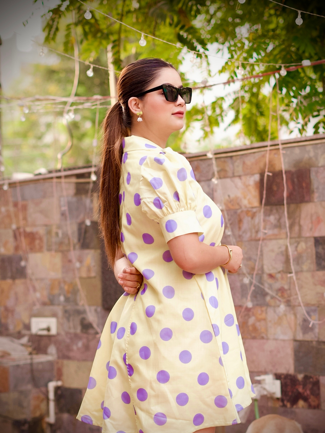 Yellow Cotton Linen Polka Fun A Line Dress