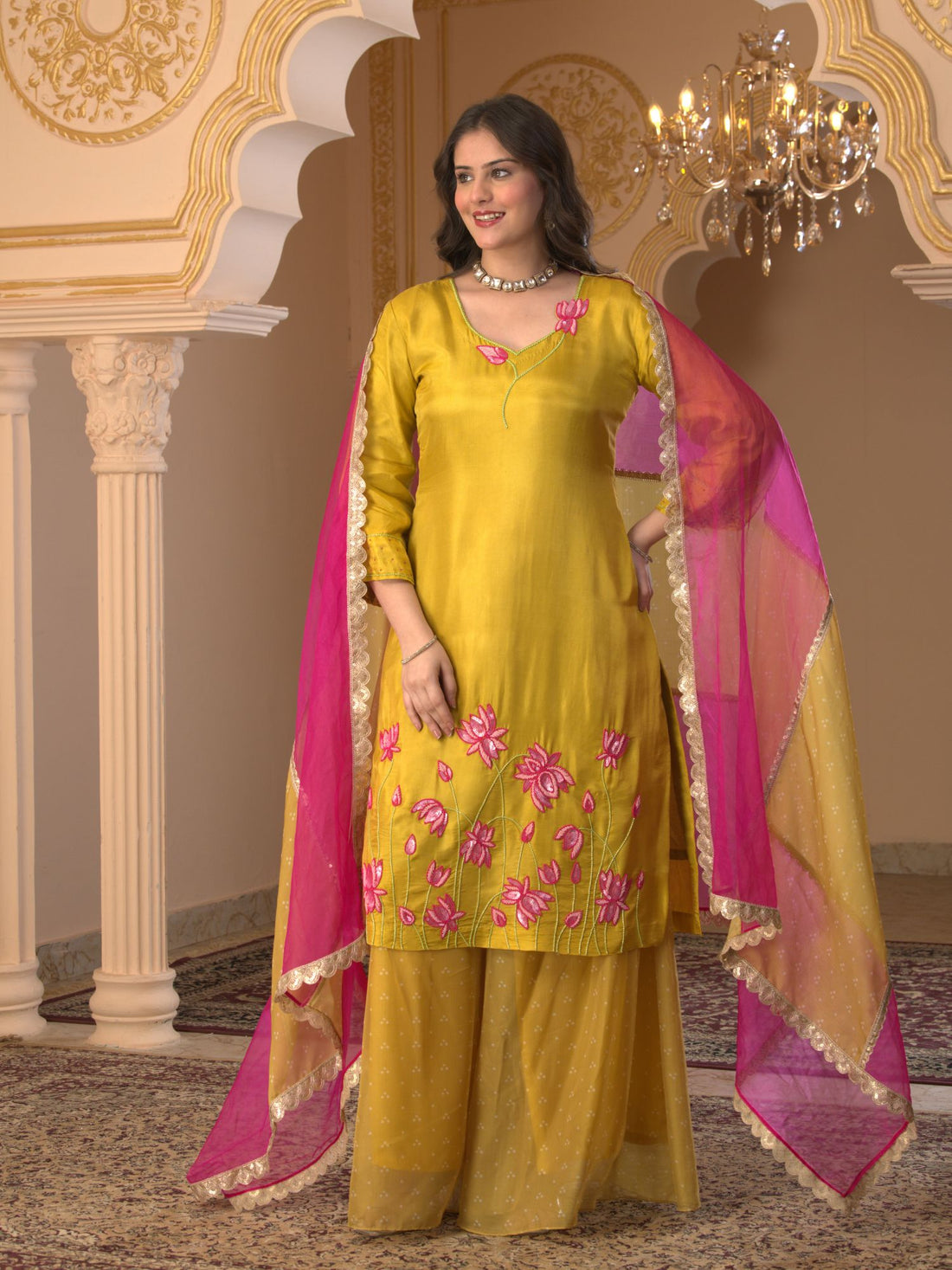 Kamal-E-Ishq mustard Hand Embroidered Silk Suit Set