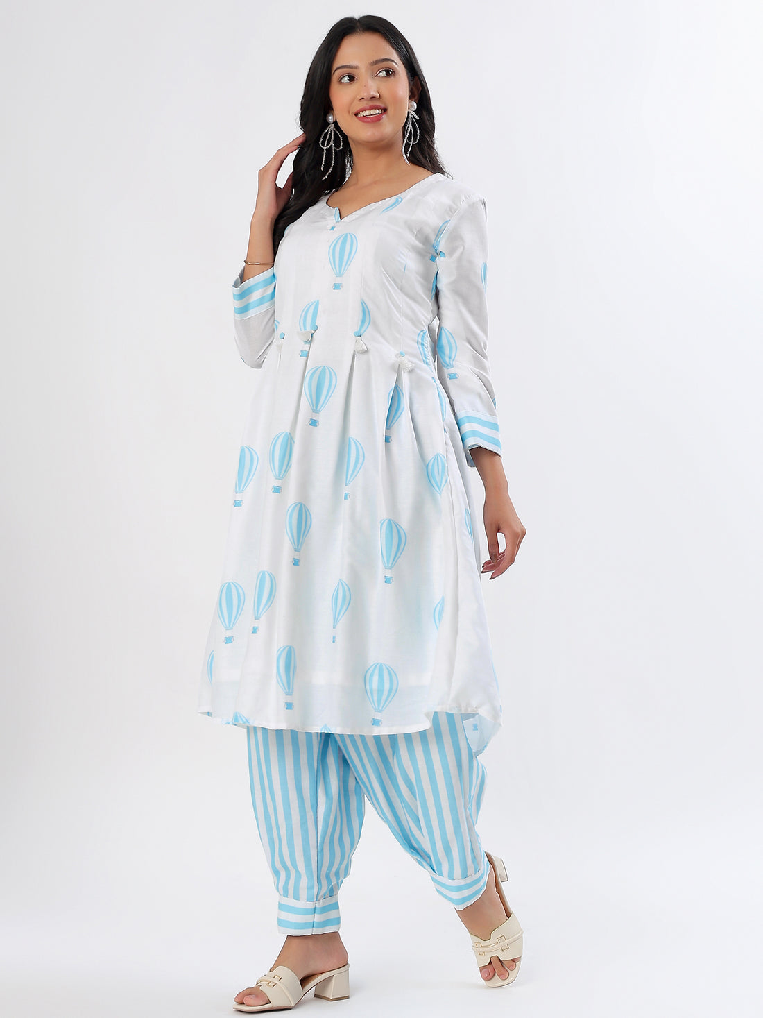 White & Blue Hot Air Balloon A-shape Cotton Kurta Set