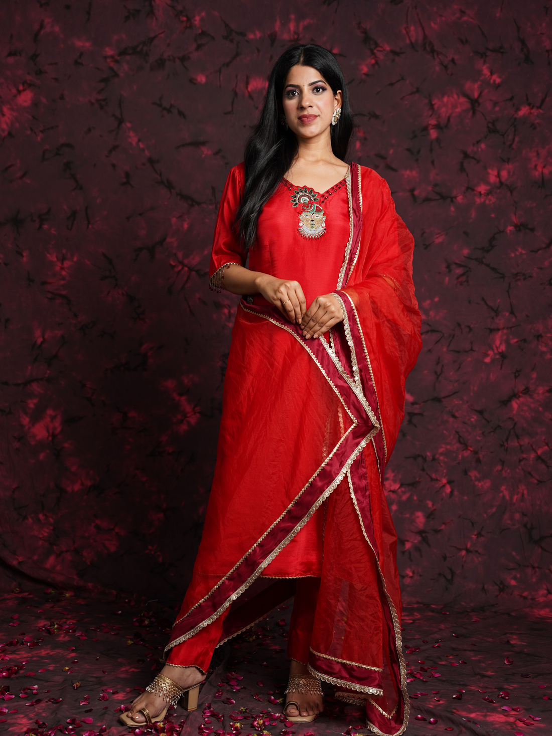 Lord Krishna Red Hand Embroidered Silk Suit